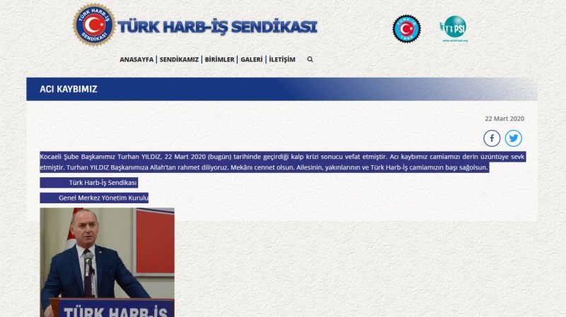 Türk Harb İş Genel Merkezi Turhan Yıldız için taziye mesajı yayınladı